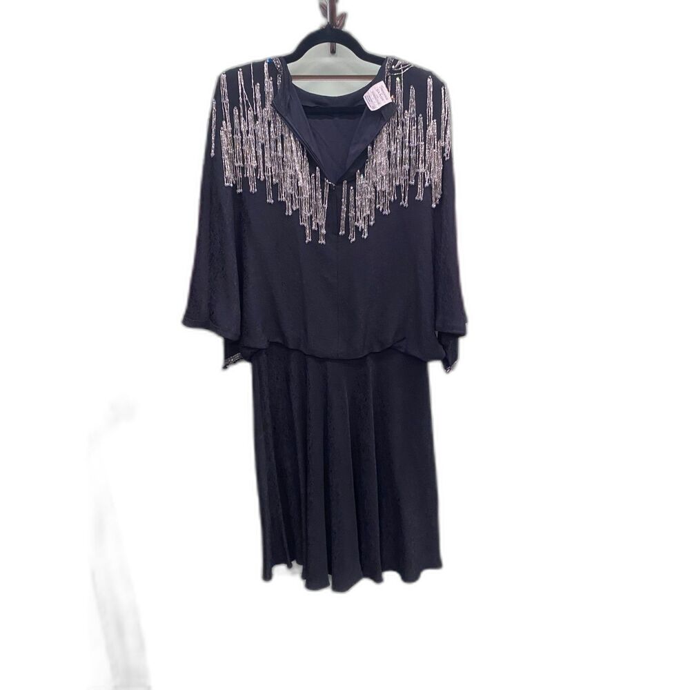 Vintage Francesca of Damon Black Silk Beaded Evening Cocktail Dress Size 4 Silk